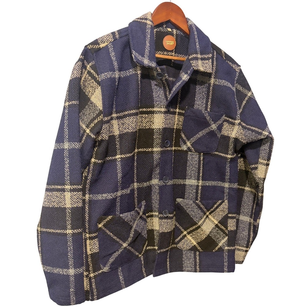 Common People Mens Medium Blue Plaid Chore Jacket Button Front Workwear Coat
